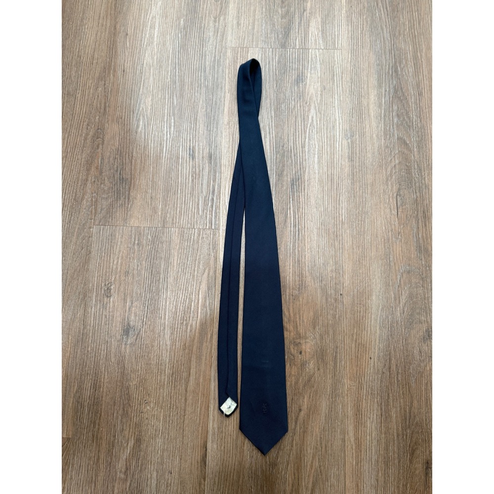 Yves Saint Laurent Vintage Navy Blue Ribbed Silk Tie Embroidered YSL Logo
